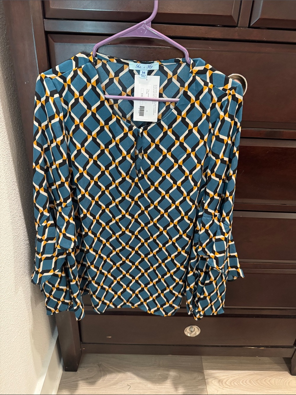 NWT She + Sky Teal Geometric Print Long Sleeve Blouse with Gold Accents